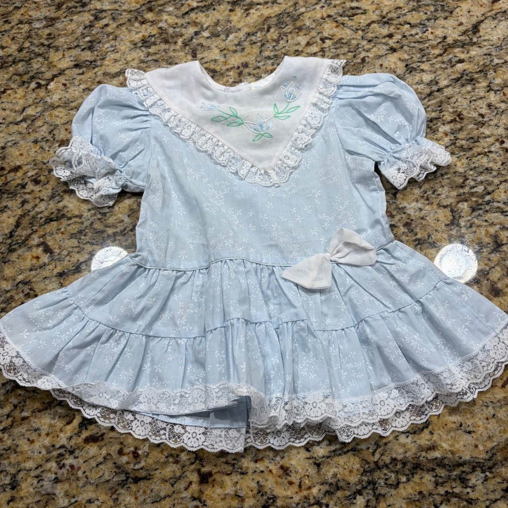 Vintage Cradle Togs Light Blue Floral Lace Embroidered Bib Collar Dress Kids